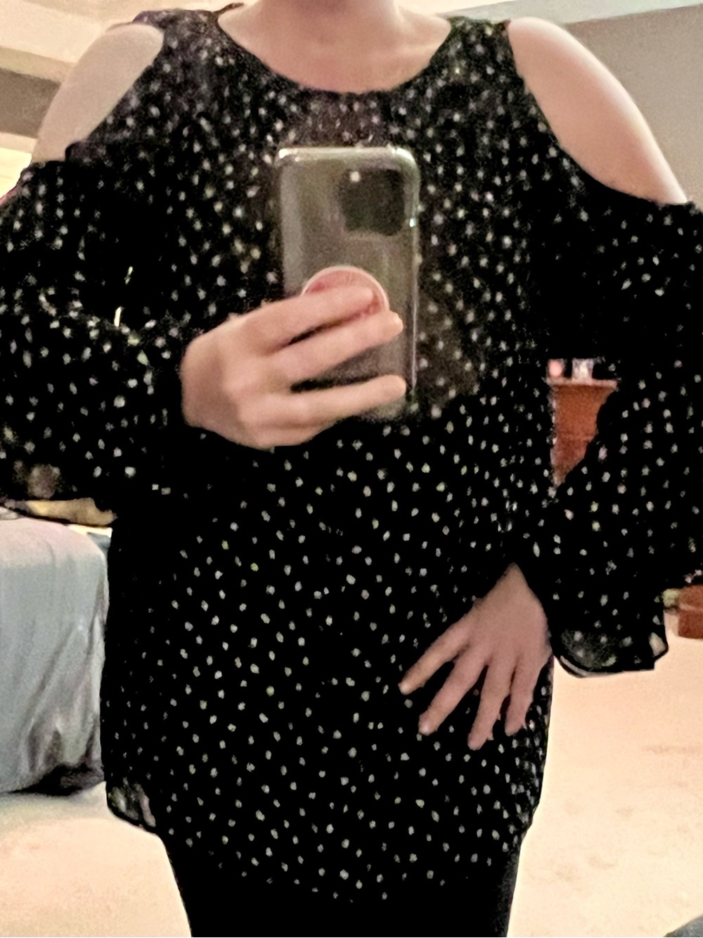 Black Cold-Shoulder Polka  Dot Long Ruffled Sleeve Blouse